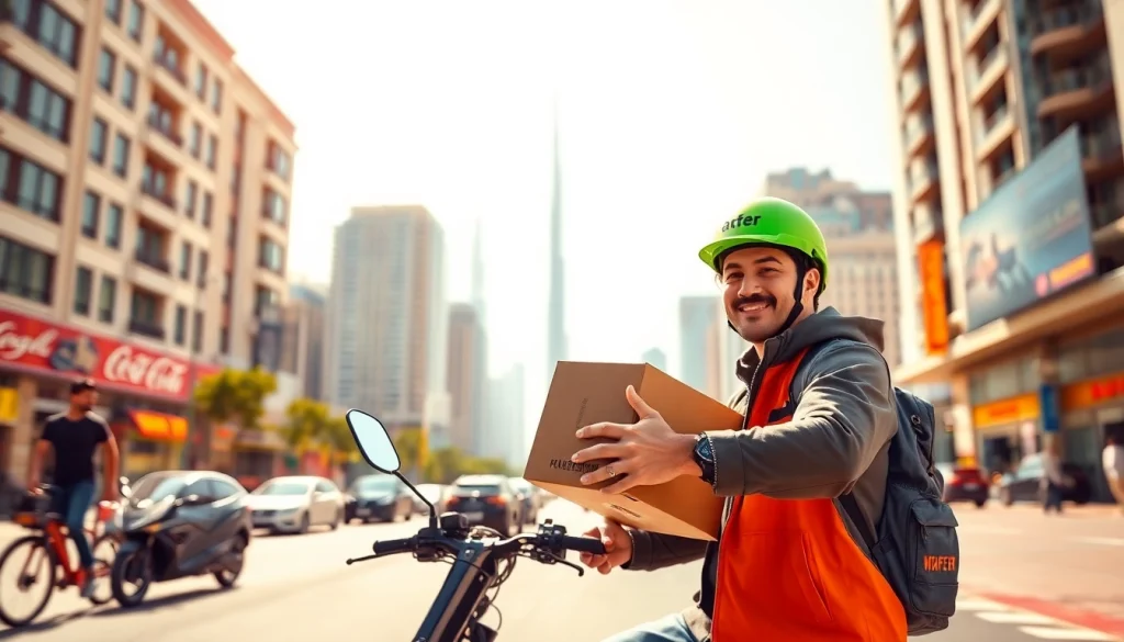 Speedy fast vape delivery Dubai, depicted by a delivery person in action with Dubai skyline.