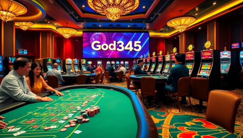 Engaged players at God345 casino enjoying table games and slot machines in an exciting atmosphere.
