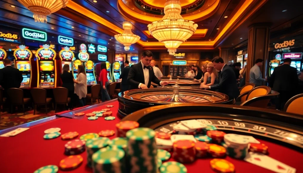Exciting gaming scene at God345 casino with players at roulette and poker tables.