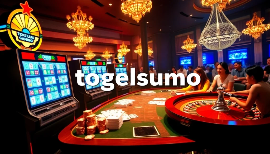 Kegembiraan perjudian online Togelsumo dengan mesin slot berwarna-warni dan pemain yang terlibat.