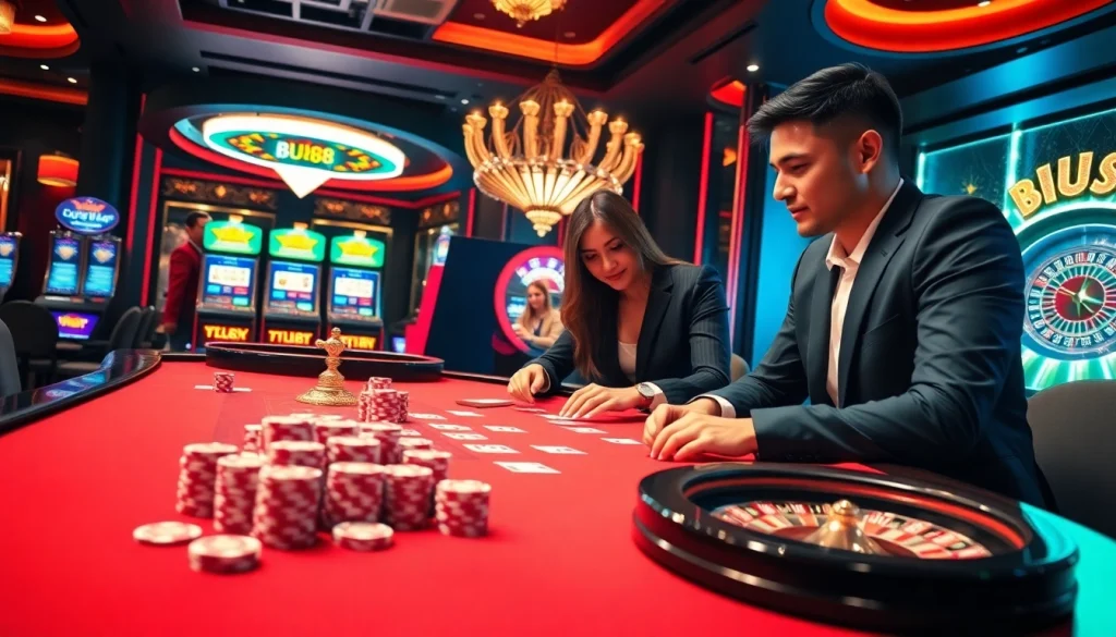 Experience the excitement of BU88 online gambling with vibrant casino tables and thrilling games.