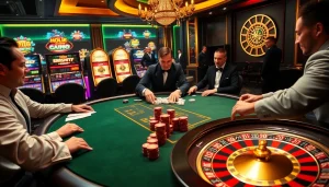 High-stakes poker action at king88 casino with vibrant slot machines and roulette wheel.