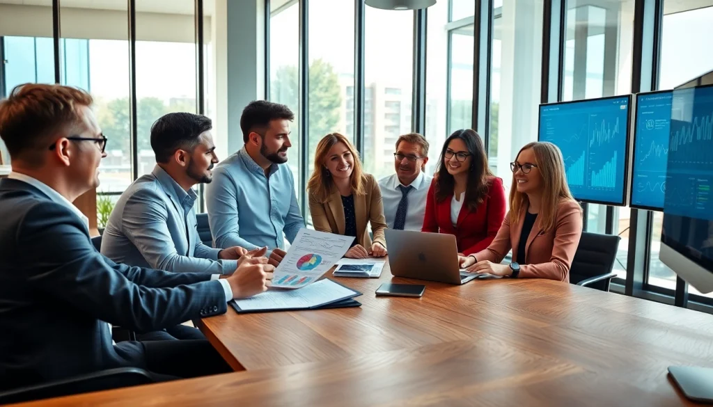 Équipe de consultants de grhconsultants.fr discutant de stratégies financières dans un bureau moderne.