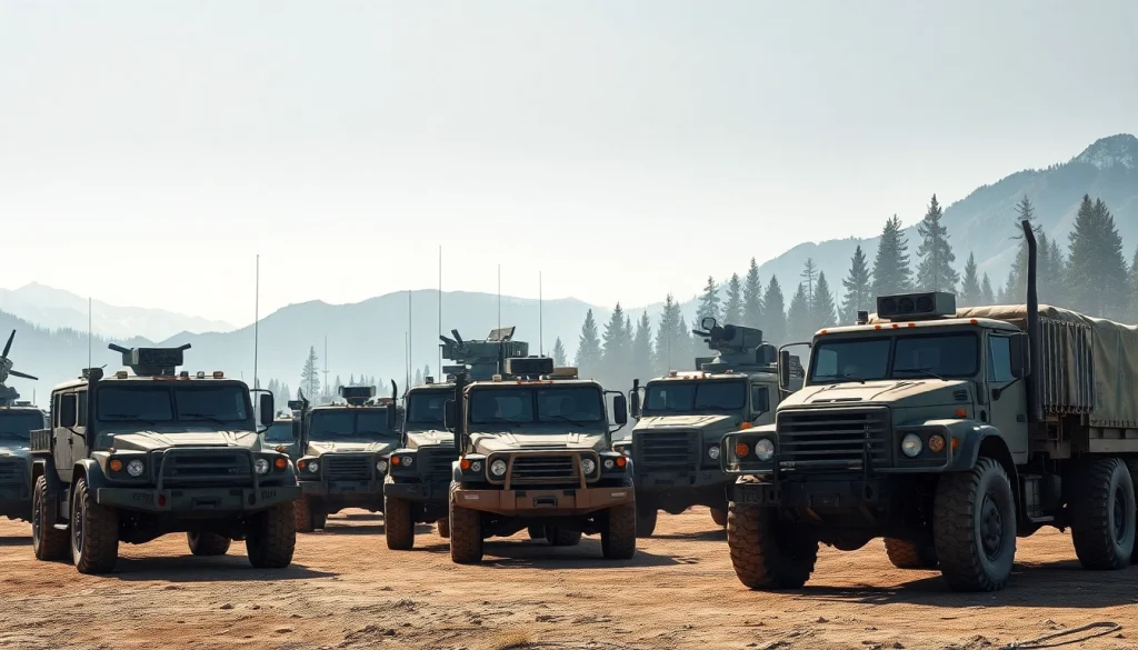 Action-packed scene of c military vehicles in a rugged environment, showcasing their tactical features.