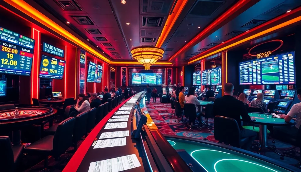 Engaged gamblers reviewing kèo nhà cái trends in a vibrant casino betting area.