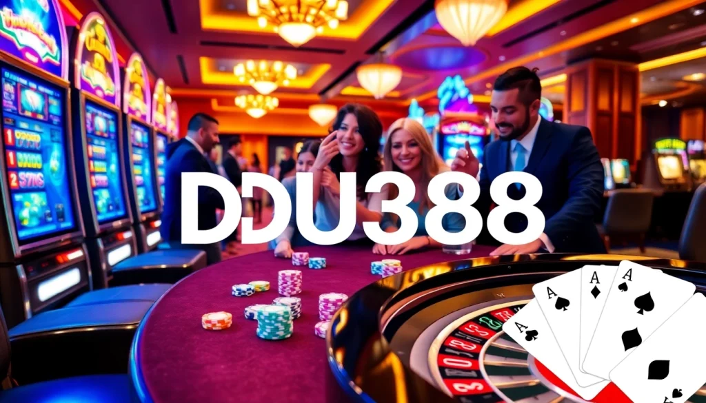 Players winning at the DU388 casino, with vibrant gaming tables and slot machines in the background.
