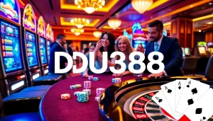 Players winning at the DU388 casino, with vibrant gaming tables and slot machines in the background.