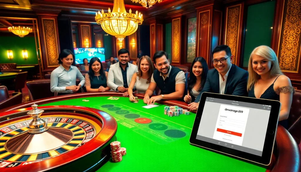Experience thrilling gaming with 'dewanaga89 login' at an elegant casino table featuring vibrant poker chips and a roulette wheel.