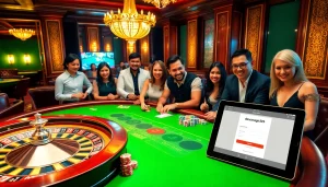 Experience thrilling gaming with 'dewanaga89 login' at an elegant casino table featuring vibrant poker chips and a roulette wheel.