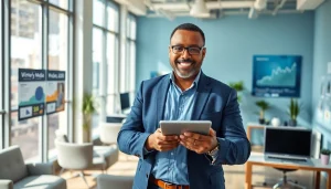 Dennis Wimberly, a small business owner, showcasing his professionalism in a modern office environment.