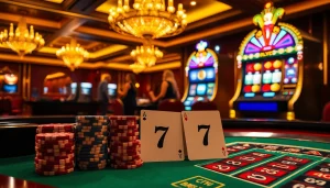 Excited players engaging in high-stakes games featuring 7m poker chips and roulette.