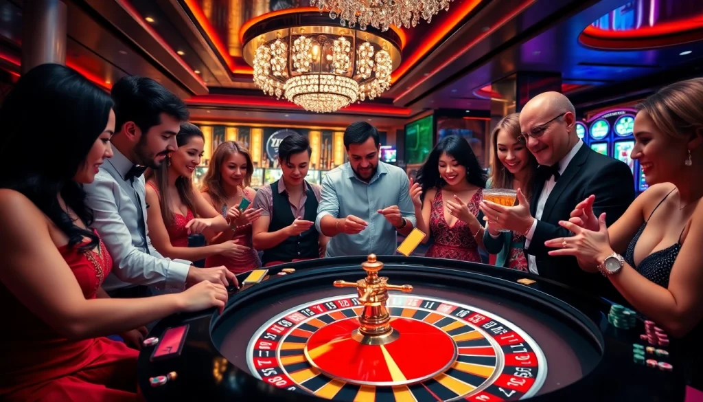 Experience the thrill of gambling at https://mm88.observer/ with players engaged at an exciting casino scene showcasing roulette and slots.