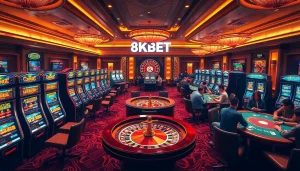 Experience thrilling gaming at 8KBET with vibrant casino tables and attentive players.