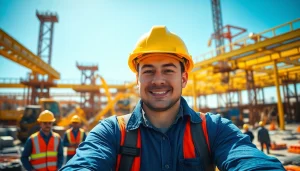 Highlighting careers in construction through a professional worker collaborating at a busy job site.