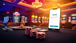 Engaging scene of Đăng Ký QH88 with casino elements like poker chips and roulette wheel.