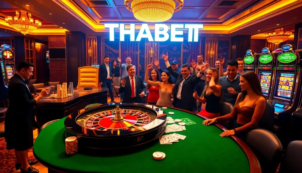 Exciting scene at THABET online casino with players celebrating near roulette and slot machines.