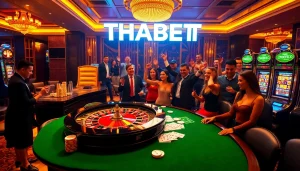 Exciting scene at THABET online casino with players celebrating near roulette and slot machines.