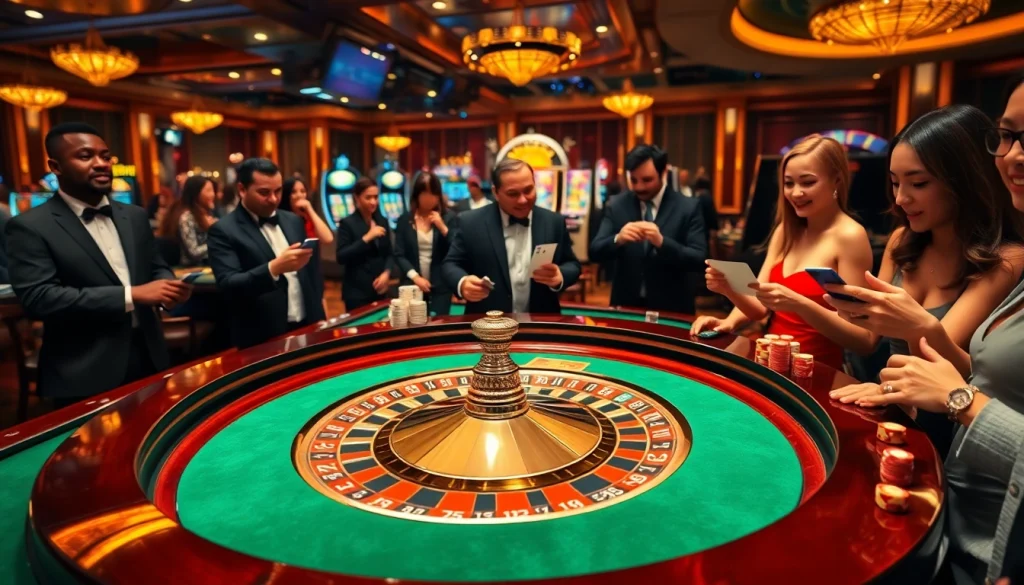 A vibrant casino scene showcasing players engaging in thrilling games at the 79king 4 roulette table.