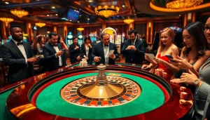 A vibrant casino scene showcasing players engaging in thrilling games at the 79king 4 roulette table.