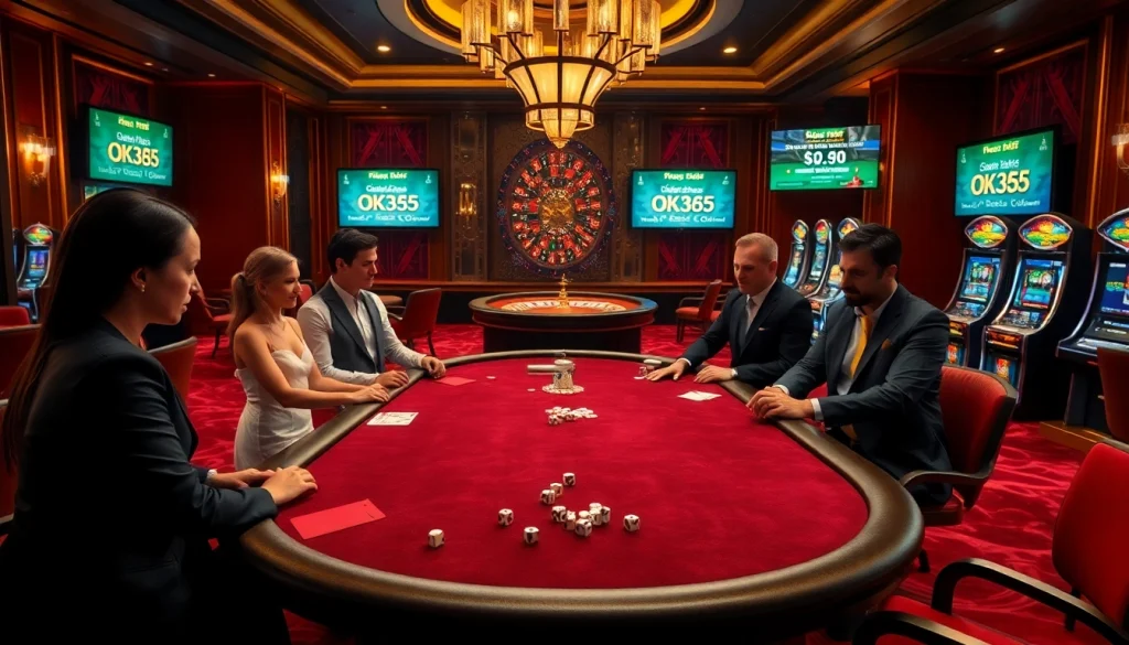Engaged players strategizing at a poker table in an upscale casino setting promoting OK365.