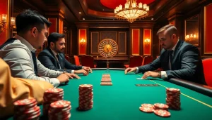 Gamblers enjoying a high-stakes poker game at MM88, surrounded by luxurious decor and vibrant elements.