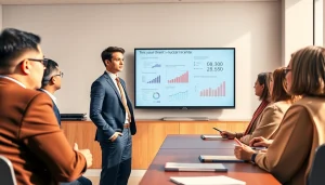 Student presenting their 'lucrari licenta' thesis confidently to evaluators in a modern classroom.