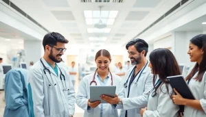 Engaged medical professionals reviewing patient data at https://tweestedenziekenhuis.nl in a modern hospital.