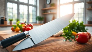 Learn how to choose a chef’s knife with a beautiful kitchen display of essential cooking tools.