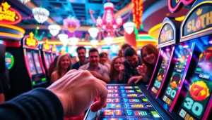 Menangkan permainan slot bet 50 perak dengan suasana kasino yang energik dan penuh warna.