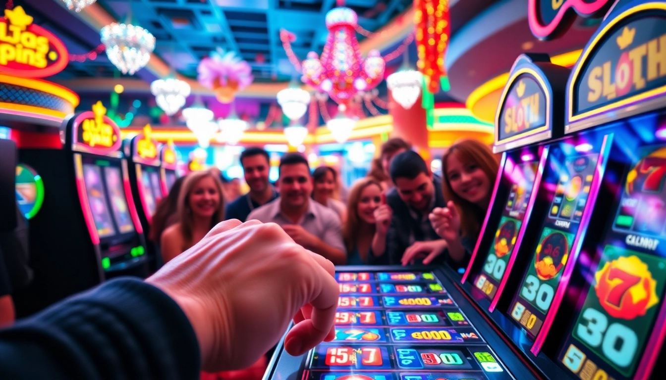 Menangkan permainan slot bet 50 perak dengan suasana kasino yang energik dan penuh warna.