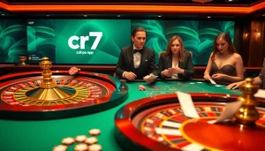 Experience the excitement of casino gaming with the cr7 App featuring roulette wheels, cards, and vibrant players.