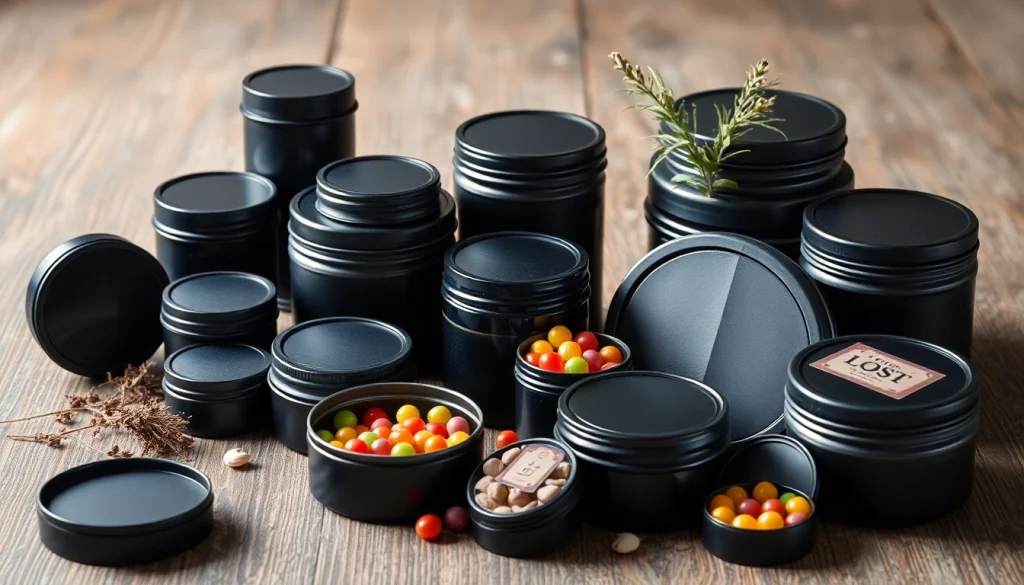 Stylish black tins arranged with herbs and candies, showcasing versatile storage options.
