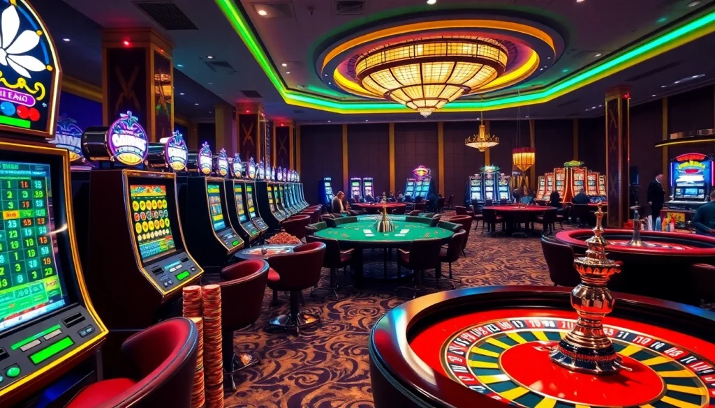 Dewanaga89 slot machines and poker tables in a vibrant casino atmosphere full of excitement.