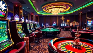 Dewanaga89 slot machines and poker tables in a vibrant casino atmosphere full of excitement.