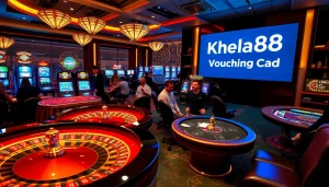 A lively casino scene illustrating the excitement of betting with Khela88 voucher code prominently featured, showcasing roulette tables and slot machines.