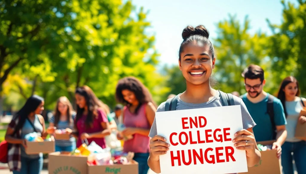 Addressing college hunger through community support at a food drive event.