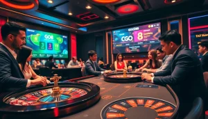Go8 casino scene showcasing vibrant gaming tables with poker chips and players engaged.