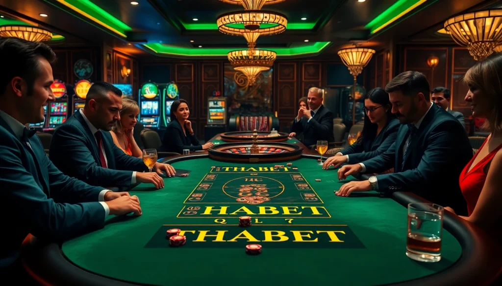 Players enjoy a thrilling moment at a THABET poker table, surrounded by luxurious casino elements.