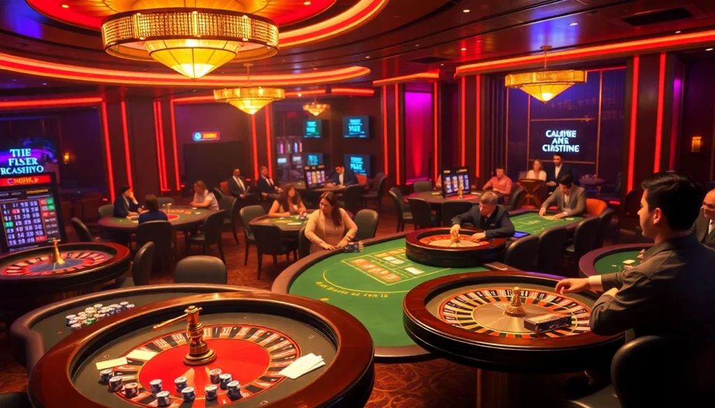 Exciting casino atmosphere at F168 with players betting at poker and roulette tables.