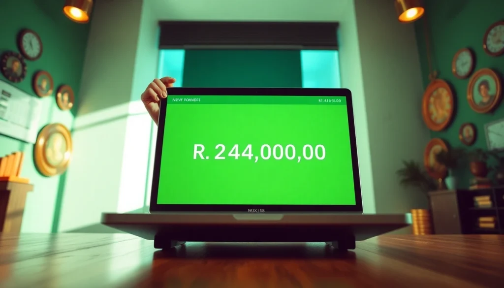 Financial success celebration with BOX138 withdrawal details in a modern office setting.