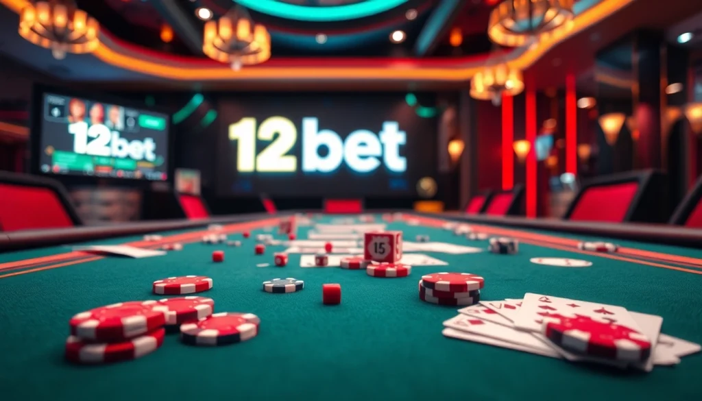 Experience the thrill of poker chips and cards at 12bet's luxurious casino.