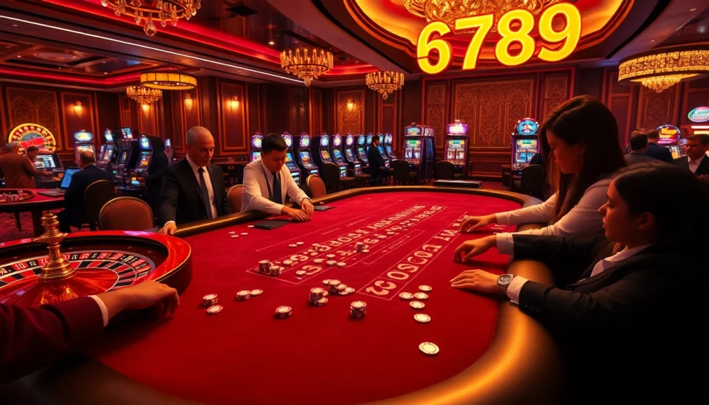 A thrilling gambling scene at 6789 casino with players engaged in poker and a dealer presenting winning hands.