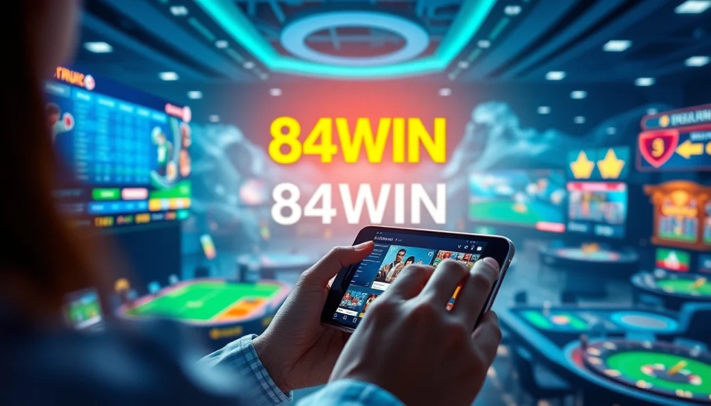 Engaging 84WIN online gaming platform with dynamic interfaces and sports betting screens.