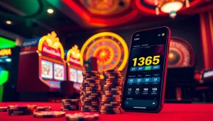 The 136bet App interface displayed on a smartphone surrounded by vibrant casino elements like slot machines and poker chips.