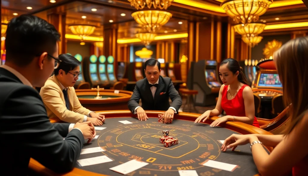 Tài xỉu go88 players engaged in a thrilling online gambling experience at a luxury casino table.