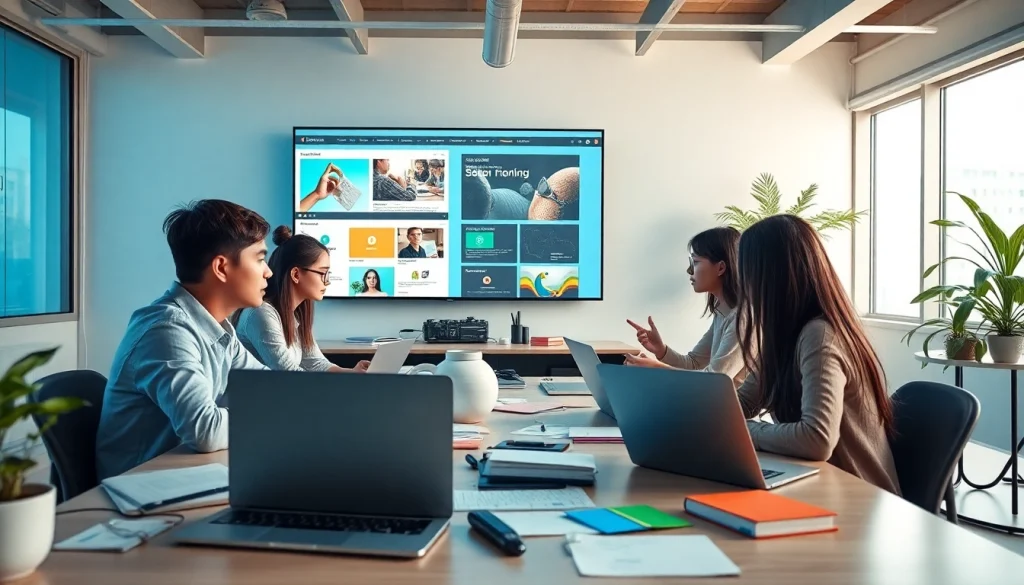 Innovative team collaborating on Thiết kế website, in a modern workspace.