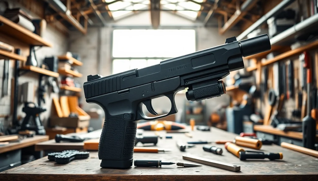 Assembling a polymer 80 pistol in a workshop highlighting its unique frame features.