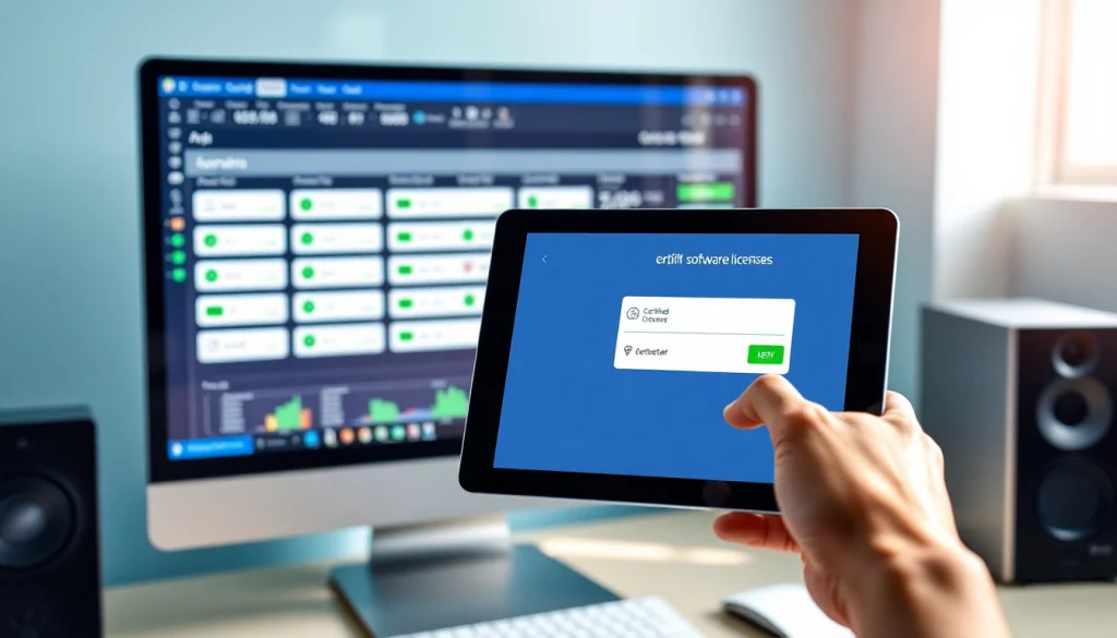 Showcasing certified software license keys and a digital tablet interface for software purchases.