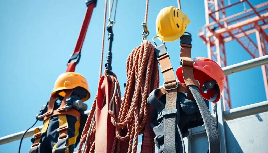 Visar fallskydd och säkerhetsutrustning för säkerhet vid arbete på höjd.
