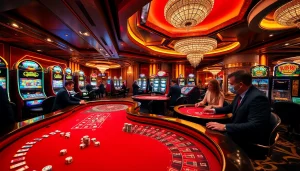 Experience high-stakes gambling at the 888b casino with players enjoying poker, roulette, and slots.